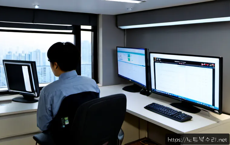갈월동 SESSION_HAS_VALID_VIEWS_ON_EXIT - Photorealistic IT support workstation in a compact Galwol-dong office near Seoul Station, dual monit...