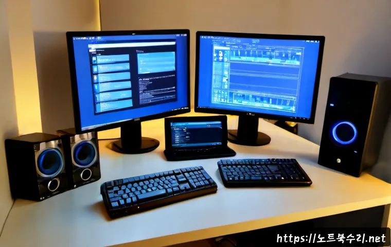 이태원 DRIVER_IRQL_NOT_LESS_OR_EQUAL - Photorealistic IT support workstation in an Itaewon hillside apartment, dual monitors showing a blan...