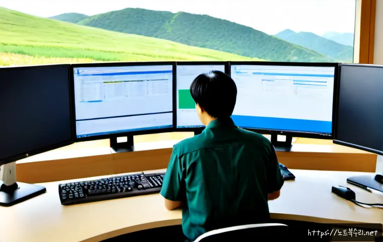 연천군 PFN_LIST_CORRUPT - Photorealistic IT support workstation in a quiet rural county office, dual monitors showing abstract...