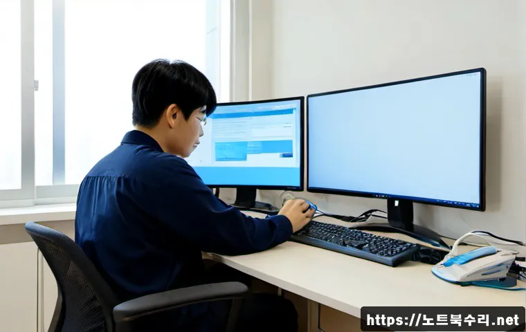 신풍동 DRIVER_IRQL_NOT_LESS_OR_EQUAL - Photorealistic remote-support workstation in a compact Sinpung-dong apartment office, dual monitors ...