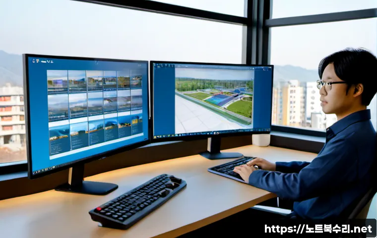 대야미동 STATUS_PRIVILEGED_INSTRUCTION - Photorealistic remote IT support specialist at a dual-monitor workstation, reviewing a clean CAD-sty...