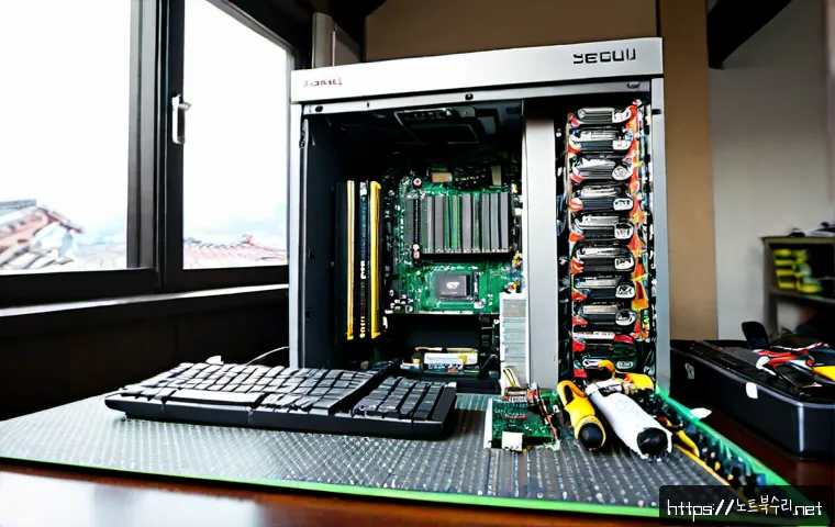 종로구 그래픽카드조립 및 교체수리 - Photorealistic electronics repair workstation in Jongno-gu, Seoul, technician carefully installing a...