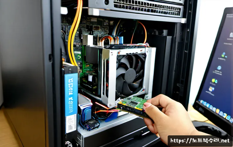 마두동 하드조립 및 교체수리 - Photorealistic computer repair workstation in a compact Madudong apartment office, technician carefu...
