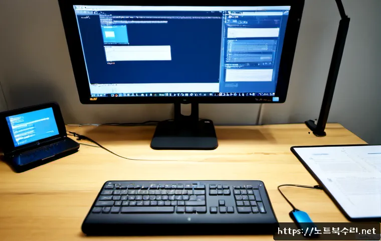 서교동 UNMOUNTABLE_BOOT_VOLUME - Photorealistic IT support workstation in a compact Seogyo-dong creative studio, desktop monitor show...