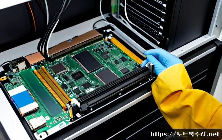 방이동 SSD조립 및 교체수리 - Photorealistic computer repair workstation in a compact Bangi-dong electronics shop, technician wear...