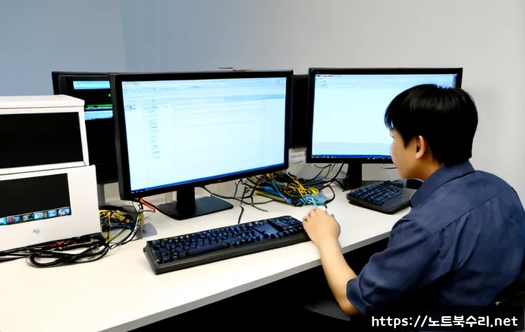 태평로 STATUS_KERNEL_CONNECTION_TIMEOUT - Photorealistic IT support workstation in a modern office near a broad central boulevard, dual monito...