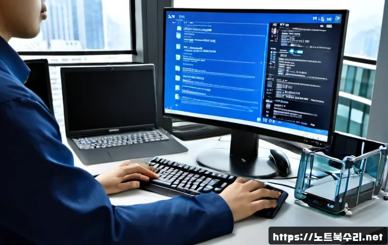 동안구 KERNEL_STACK_INPAGE_ERROR - Photorealistic IT support workstation in a modern Dongan-gu office tower, desktop computer showing a...