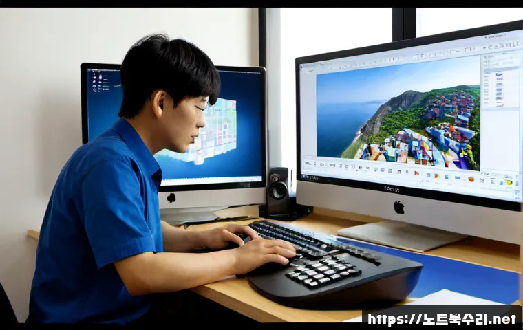 구미동 STATUS_IMAGE_CORRUPTION - Photorealistic remote-support workstation in a quiet Korean apartment office, dual monitors displayi...
