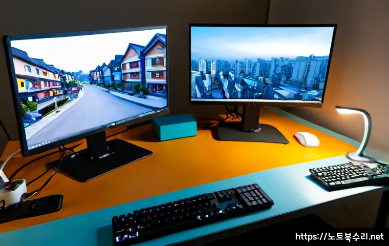 신당5동 DEVICE_DRIVER_MISMATCH - Photorealistic IT support workstation in a compact Sindang neighborhood design studio, dual monitors...