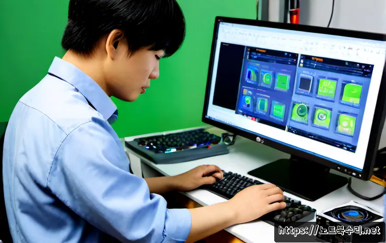 만석동 MACHINE_CHECK_EXCEPTION - Photorealistic industrial design workstation in a compact Mansok-dong electronics repair studio, dua...