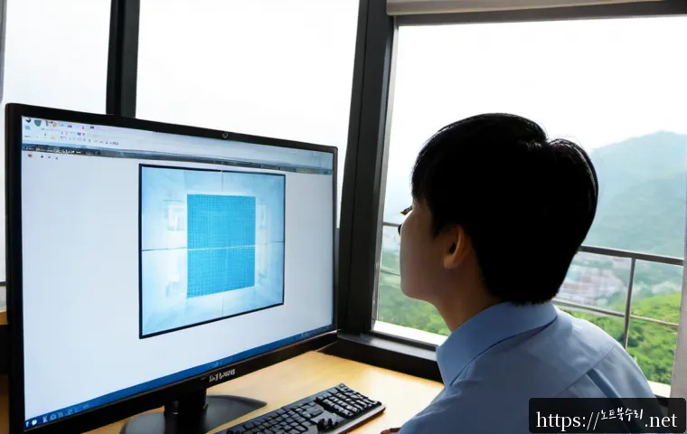 성북구 STATUS_KERNEL_RESOURCE_ERROR - Photorealistic IT support workstation in Seongbuk-gu, Seoul, a frustrated designer viewing a blank f...