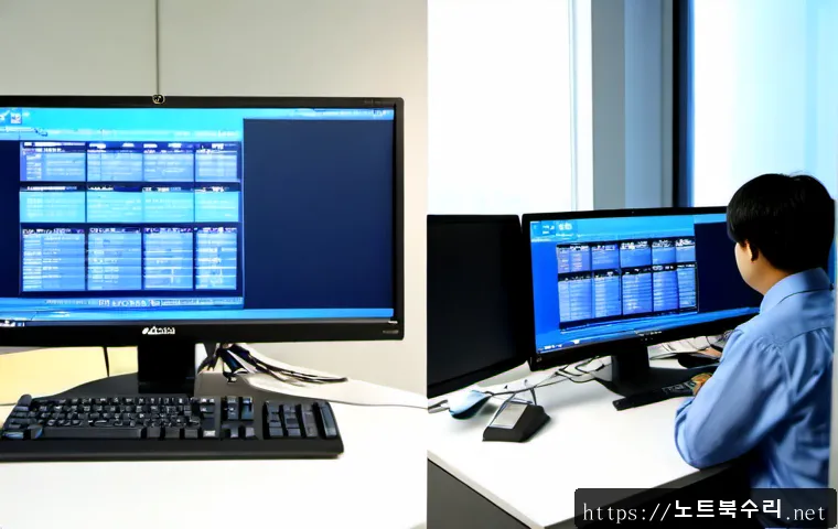 삼동 WATCHDOG_VIOLATION - Photorealistic IT support workstation in a compact Samdong office, dual monitors showing a blank blu...