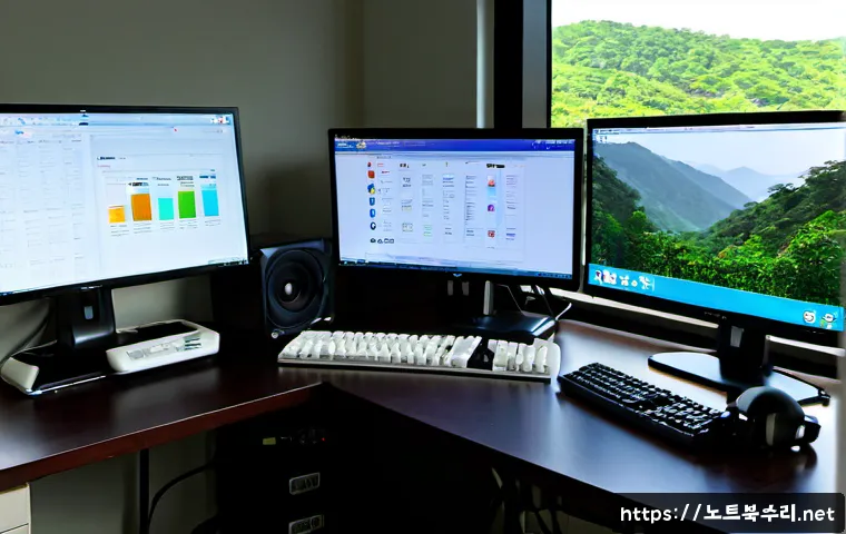 우장산 STATUS_INSUFFICIENT_RESOURCES - Photorealistic remote-support workstation in a quiet Ujangsan apartment office, dual monitors showin...