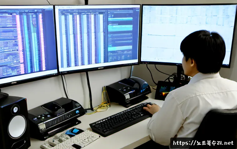 하계동 STATUS_KERNEL_MODULE_CORRUPTION - Photorealistic IT support workstation in a quiet Hagye-dong apartment office, dual monitors showing ...