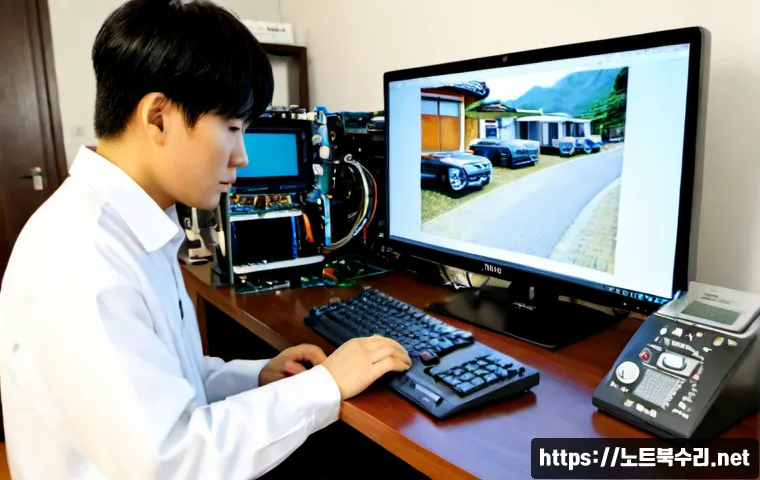 서패동 HDD조립 및 교체수리 - Photorealistic computer repair workstation in a quiet suburban Paju apartment, technician carefully ...