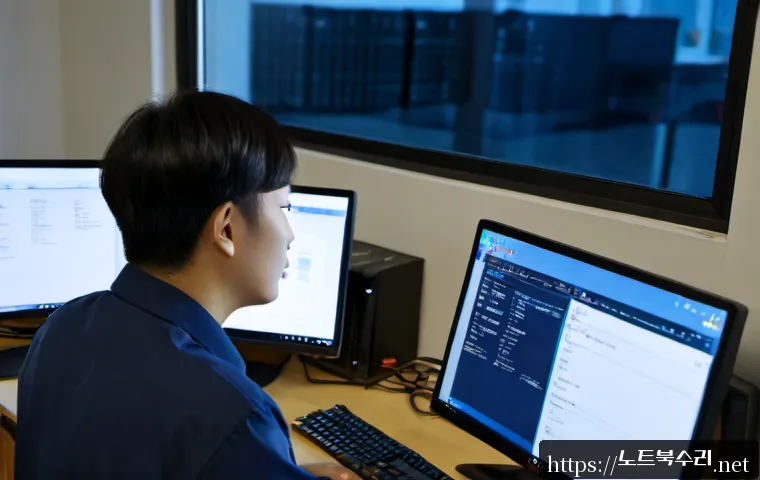 금정동 STATUS_INSTRUCTION_FAILED - Photorealistic remote-support workstation in a quiet Korean suburban office, dual monitors showing a...