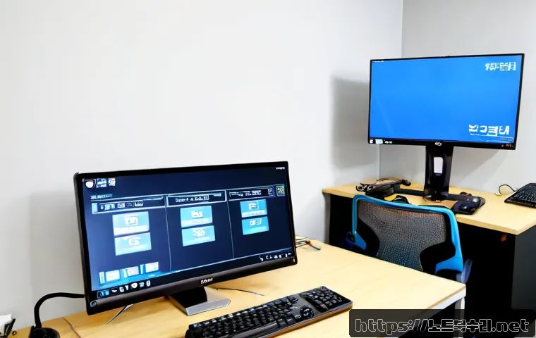 남창동 입력신호가 없습니다 - Photorealistic remote support workstation in a compact Namchang-dong office, dual monitors with one ...