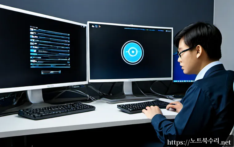 하면 STATUS_DEVICE_OFFLINE - Photorealistic remote IT support workstation, technician seated before dual monitors showing a disco...