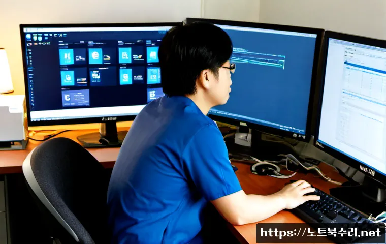 수표동 centos재설치 포맷  초기화 - Photorealistic IT support workstation in a compact Seoul office near an older market district, dual ...