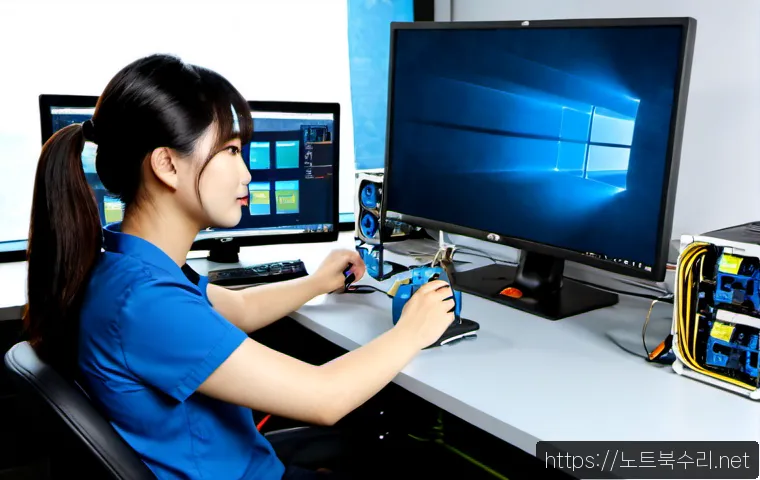 성곡동 조립컴퓨터 pc 출장판매설치 - Photorealistic on-site custom PC installation in a compact Seonggok-dong workshop office, technician...