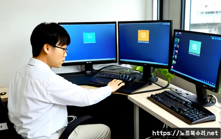 하봉암동 STATUS_KERNEL_SECURITY_CHECK - Photorealistic IT support workstation in a compact Hanbongam-dong office, dual monitors showing a cl...