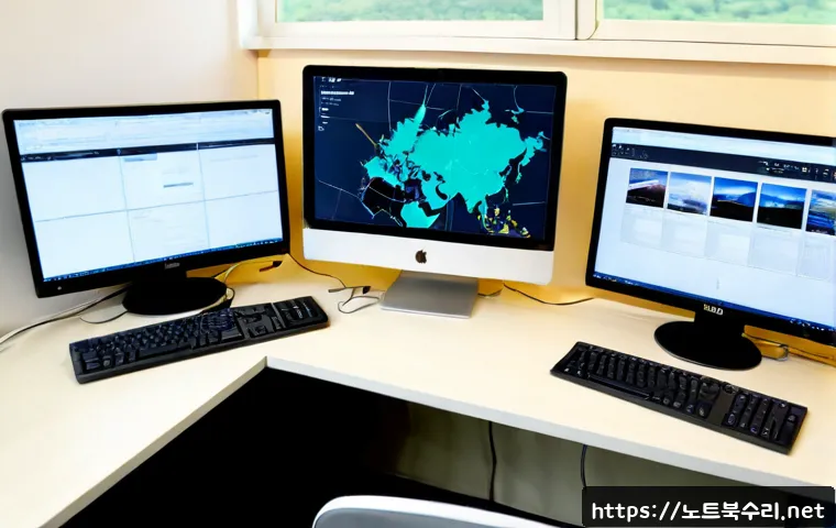 고삼면 CDFS_FILE_SYSTEM - Photorealistic IT recovery workstation in a quiet Gosam-myeon office, dual monitors showing abstract...