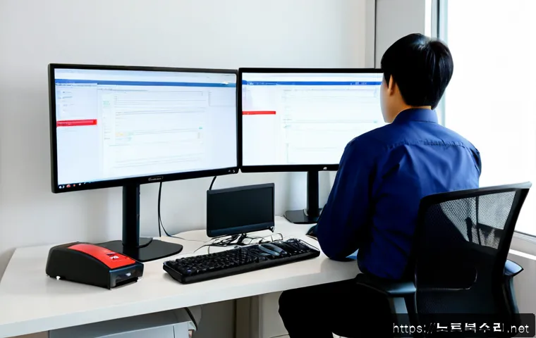 고잔동 STATUS_UNSUCCESSFUL - Photorealistic IT support workstation in a modern Gojan-dong office, dual monitors displaying a clea...