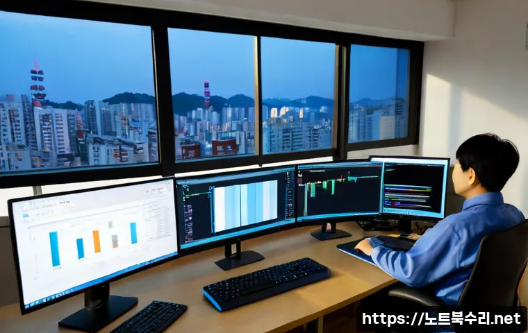 동천동 STATUS_DISK_READ_FAILURE - Photorealistic IT support workstation in a modern Dongcheon-dong apartment office, dual monitors sho...