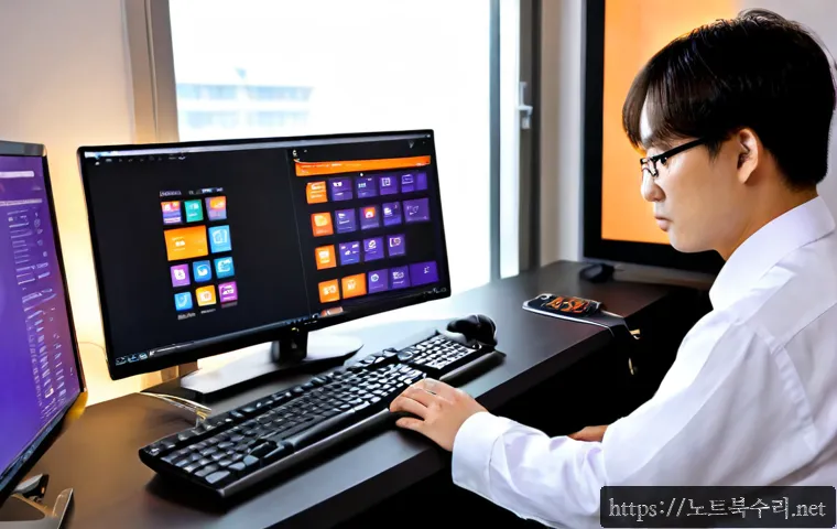 성사동 ubuntu재설치 포맷  초기화 - Photorealistic remote-support workstation in a Seongsadong apartment office, dual monitors showing a...
