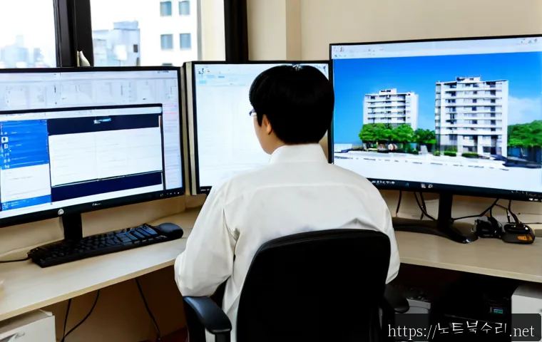 동구동 STATUS_MEMORY_ACCESS_DENIED - Photorealistic IT support workstation in a compact Dong-gu office, dual monitors showing abstract in...