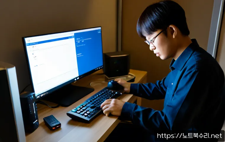 오도동 해놀로지 xpenology 구축 - Photorealistic remote-support workstation in a compact Korean home office, a technician assembling a...