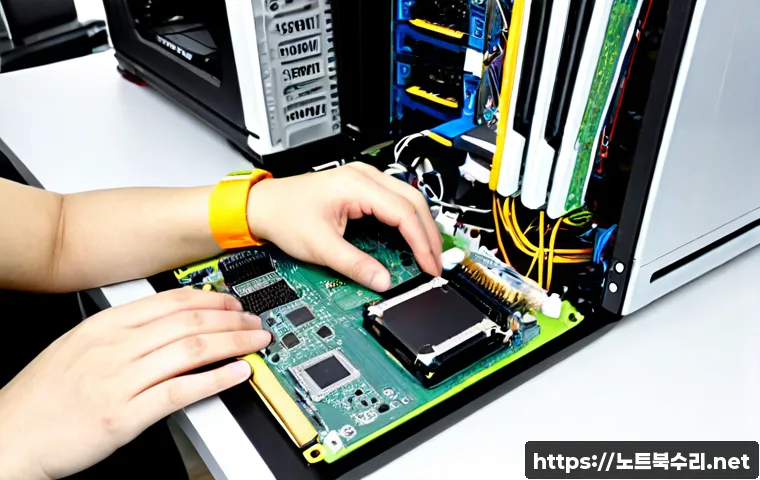선화동 RAM조립 및 교체수리 - Photorealistic PC repair workstation in a compact Seonhwa-dong electronics office, technician wearin...