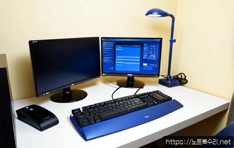 아동동 블루스크린 - Photorealistic compact apartment workstation in a quiet residential neighborhood, dual monitors with...