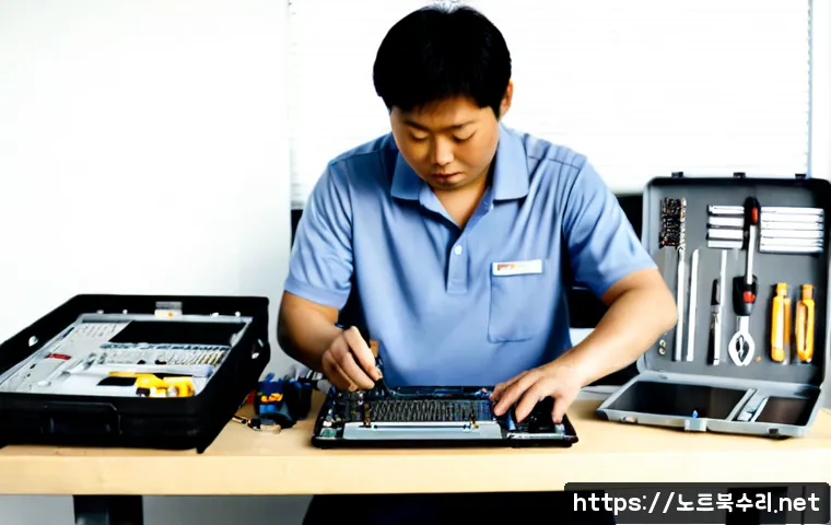 신설동 맥북에어 판매 및 수리 - Photorealistic electronics repair bench in a compact Sinseldong service studio, technician carefully...