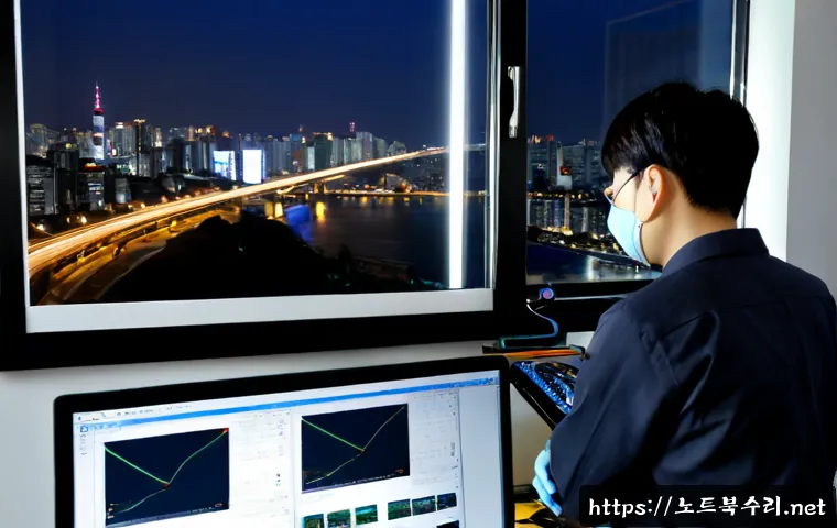 당주동 HARDWARE_FAILURE - Photorealistic IT support workstation in a compact downtown office, desktop tower open beside a larg...