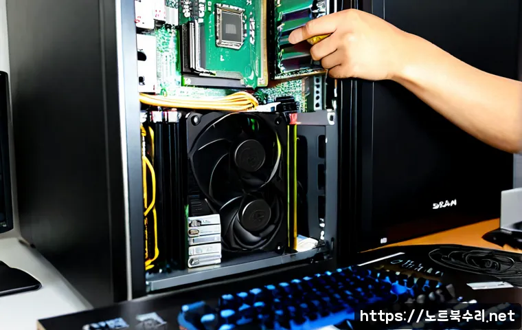 발산동 그래픽카드조립 및 교체수리 - Photorealistic computer repair workstation in Balsan-dong, Seoul, technician carefully installing a ...
