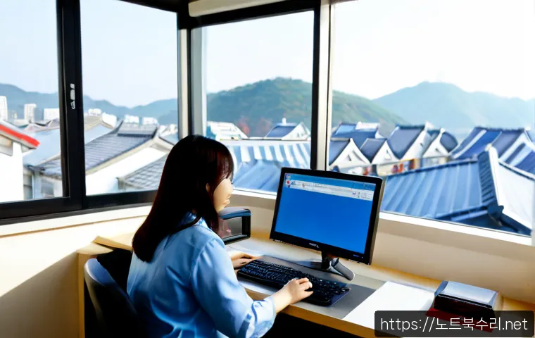효창동 STATUS_PROTECTION_ERROR - Photorealistic IT support workstation in a quiet Hyochang-dong office, desktop monitor showing a bra...