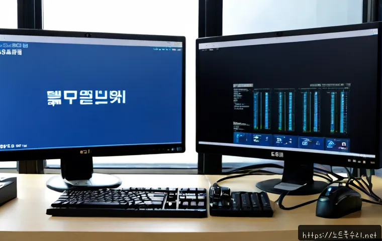 오쇠동 INTERNAL_POWER_ERROR - Photorealistic IT support workstation in a quiet Osoe-dong industrial office, dual monitors showing ...