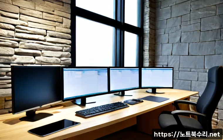 남수동 STATUS_MODULE_NOT_FOUND - Photorealistic remote-support workstation in a compact South Korean design studio, dual monitors sho...