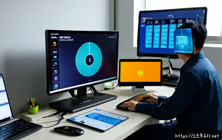 화양동 USER_MODE_HEALTH_MONITOR - Photorealistic health-monitoring support workstation in a compact Hwayang-dong apartment office, dua...