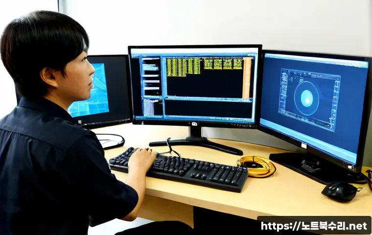 포천동 VENDOR_DEFINED_ERROR - Photorealistic IT support workstation in Pocheon-dong, dual monitors showing a complex CAD assembly ...