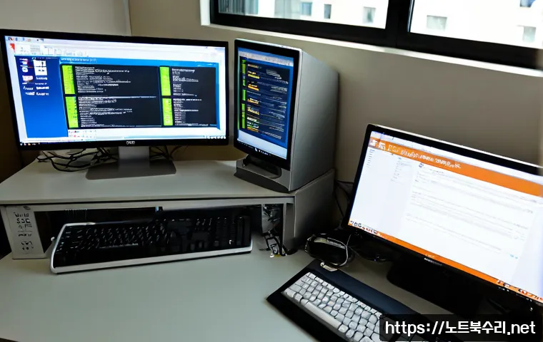 신공덕동 STATUS_PAGEFILE_MISSING - Photorealistic IT support workstation in a compact Singongdeok-dong office, dual monitors showing a ...