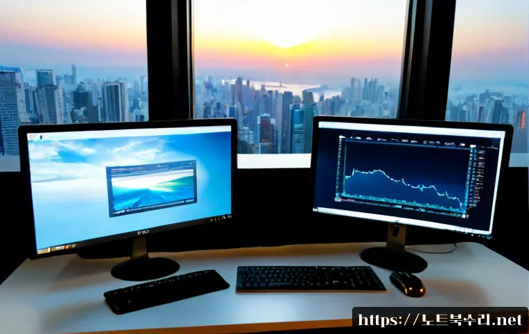 명동 STATUS_FLOAT_OVERFLOW - Photorealistic IT support workstation in a compact Myeongdong office, dual monitors displaying a cle...