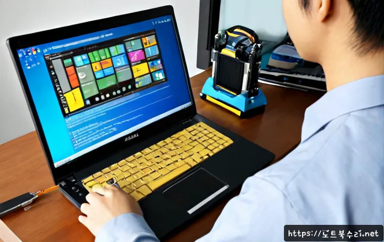 상산곡동 BOOTMGR is Compressed - Photorealistic desktop support scene in a compact Korean apartment office, a technician examining a ...