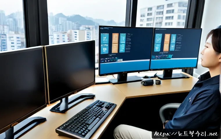 수유동 STATUS_INSTRUCTION_FAILED - Photorealistic IT support workstation in a compact Suyu-dong office, dual monitors showing abstract ...