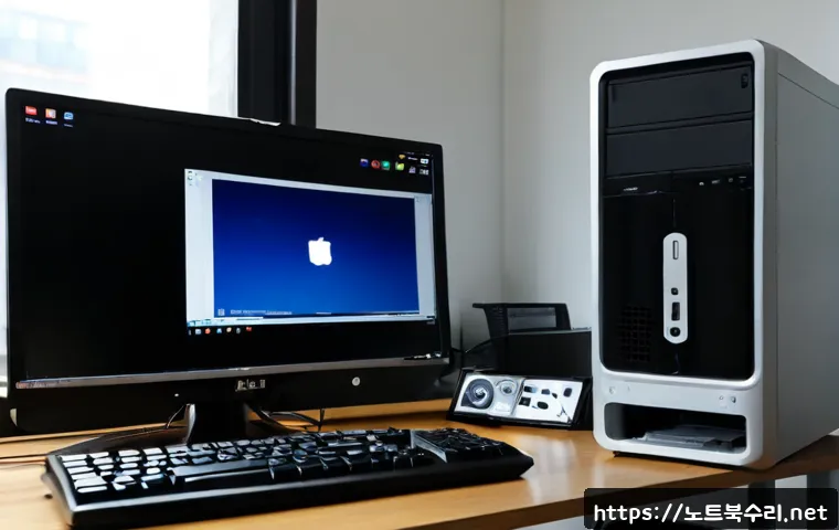 삼정동 중고컴퓨터 pc 출장판매설치 - Photorealistic refurbished desktop computer installation in a compact Samjeong-dong apartment worksp...