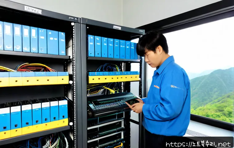 연천군 서버출장방문수리점 - Photorealistic on-site server repair in a quiet rural Yeoncheon County office, technician inspecting...