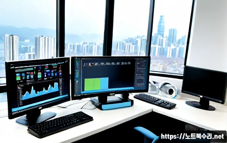 하안동 STATUS_KERNEL_MEMORY_LEAK - Photorealistic IT support workstation in a bright high-rise apartment office, dual monitors showing ...