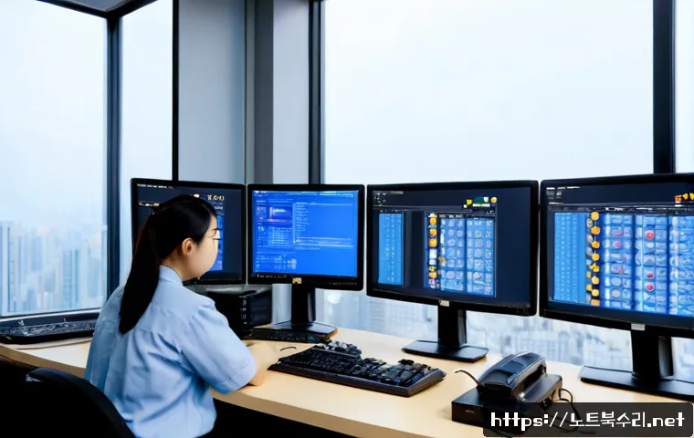 궁동 FAT_FILE_SYSTEM - Photorealistic IT support workstation in a compact Gung-dong office, dual monitors showing a blank d...