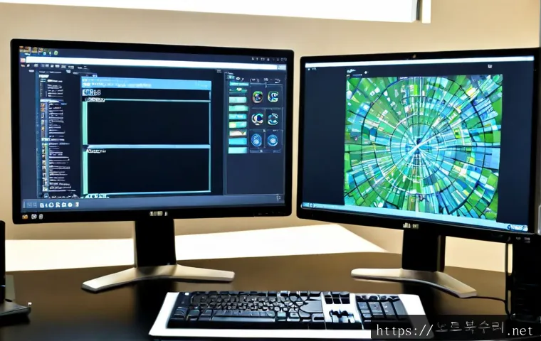 운학동 STATUS_STACK_OVERFLOW - Photorealistic IT support workstation in a quiet Korean hillside neighborhood office, dual monitors ...